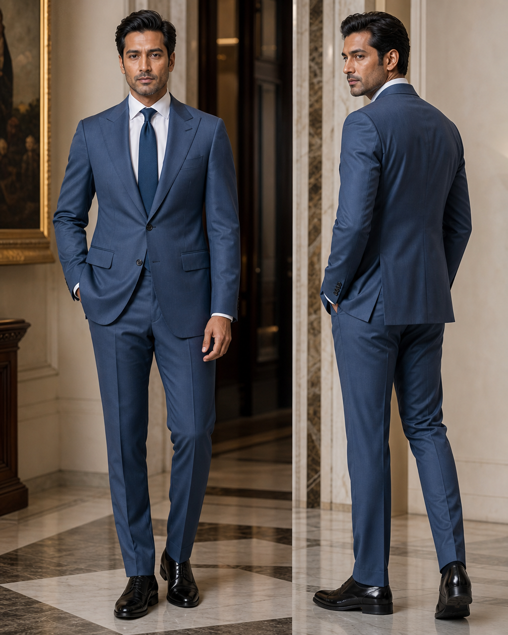 Slate Blue Cotton Outdoor Wedding Suit - Custom Made to Measure side back view
