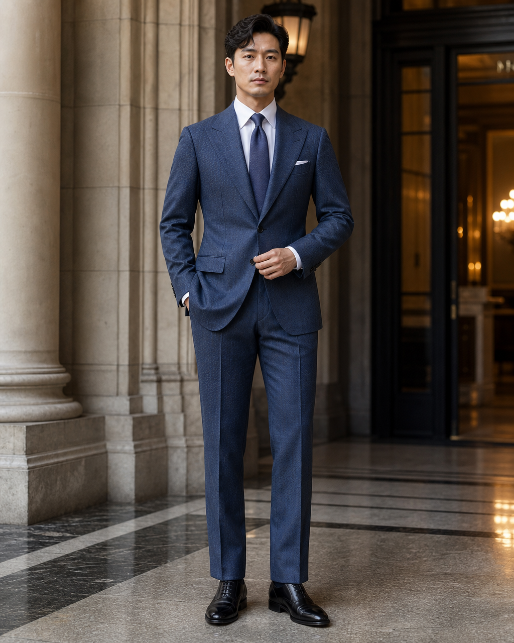 Slate Blue Herringbone Winter Suit - Custom Made to Measure front view
