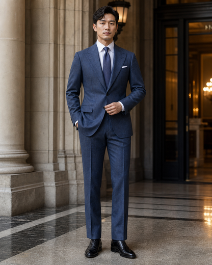 Slate Blue Herringbone Winter Suit - Custom Made to Measure front view
