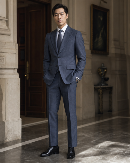 Slate Blue Herringbone Winter Suit - Custom Made to Measure side back view