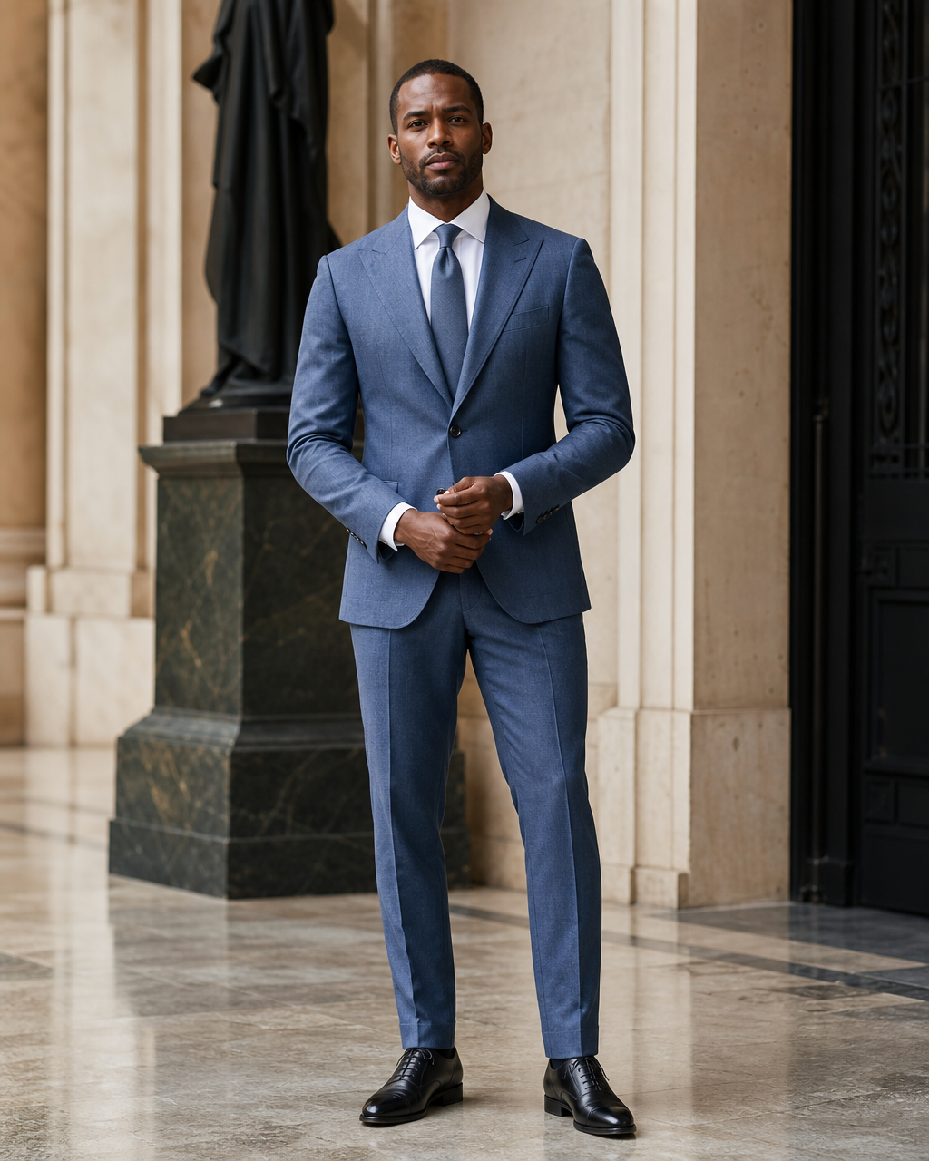 Slate Blue Linen Beach Wedding Suit - Custom Made to Measure front view