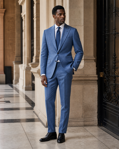 Slate Blue Linen Beach Wedding Suit - Custom Made to Measure side back view