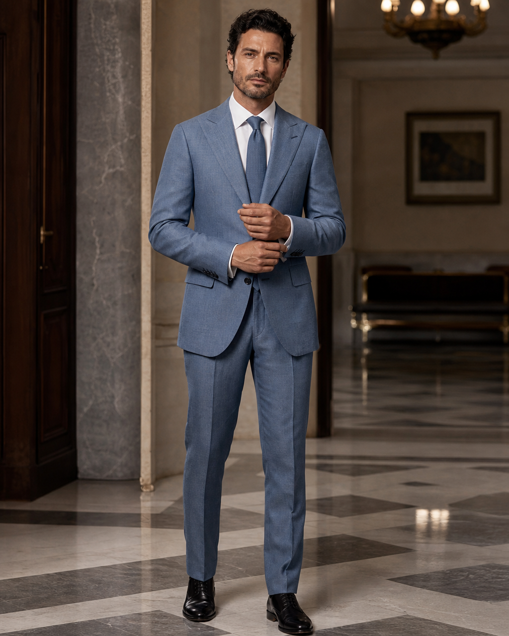 Slate Blue Linen Outdoor Wedding Suit - Custom Made to Measure front view