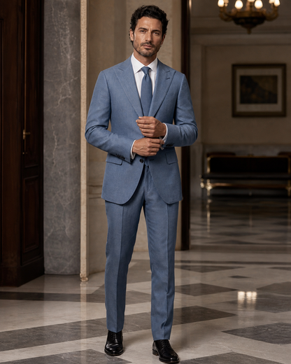 Slate Blue Linen Outdoor Wedding Suit - Custom Made to Measure front view