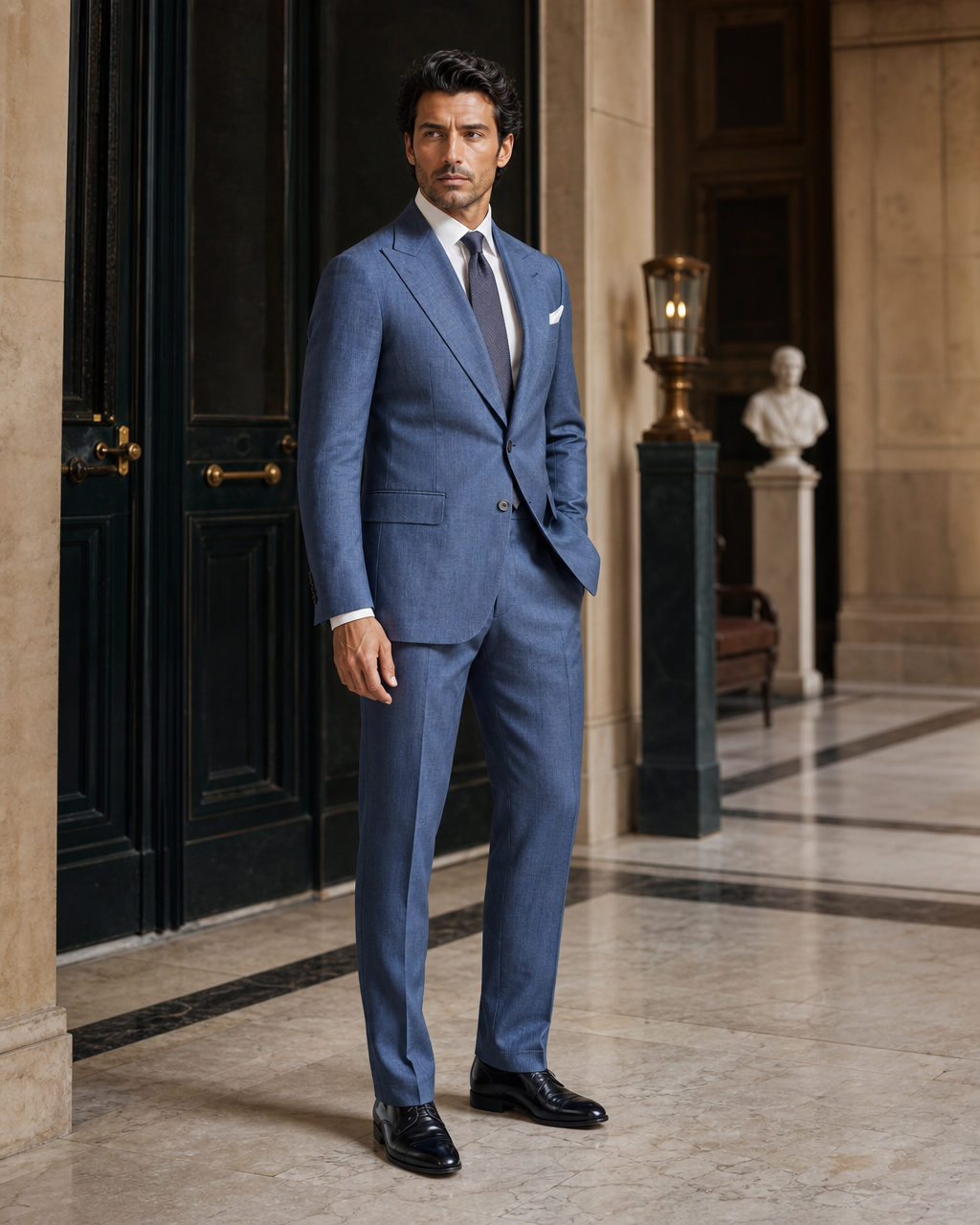 Slate Blue Linen Outdoor Wedding Suit - Custom Made to Measure side back view