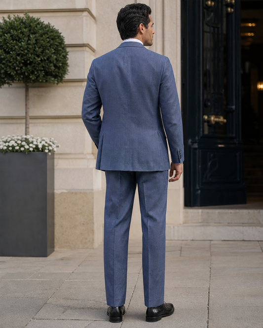 Slate Blue Linen Peak Lapel Suit - Custom Made to Measure back view