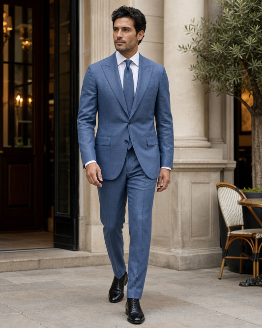 Slate Blue Linen Peak Lapel Suit - Custom Made to Measure front view