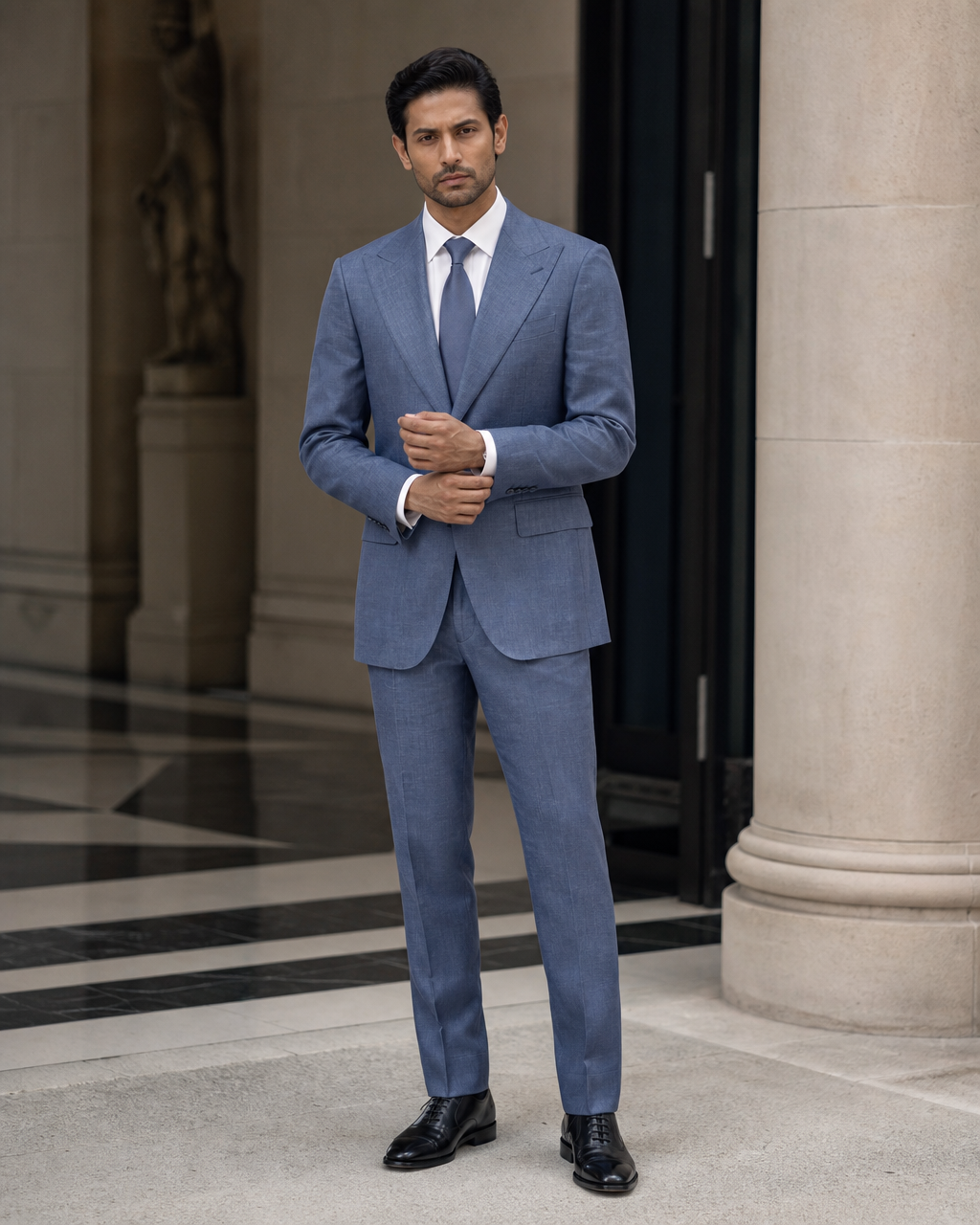 Slate Blue Linen Summer Suit - Custom Made to Measure front view