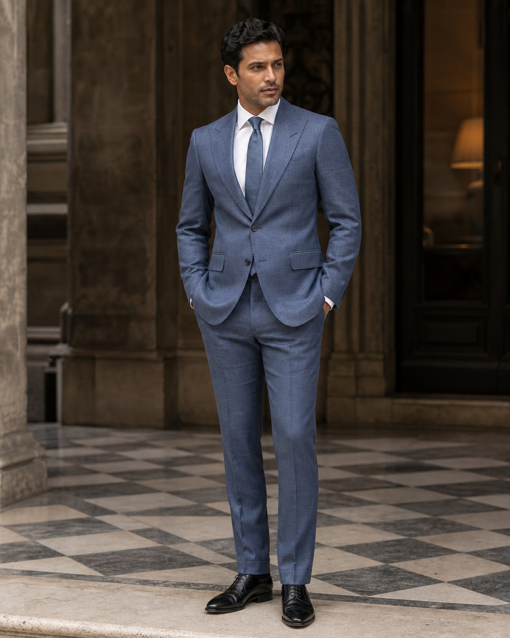 Slate Blue Linen Summer Suit - Custom Made to Measure side back view