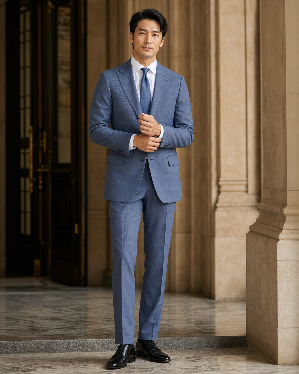 Slate Blue Seersucker Beach Wedding Suit - Custom Made to Measure front view
