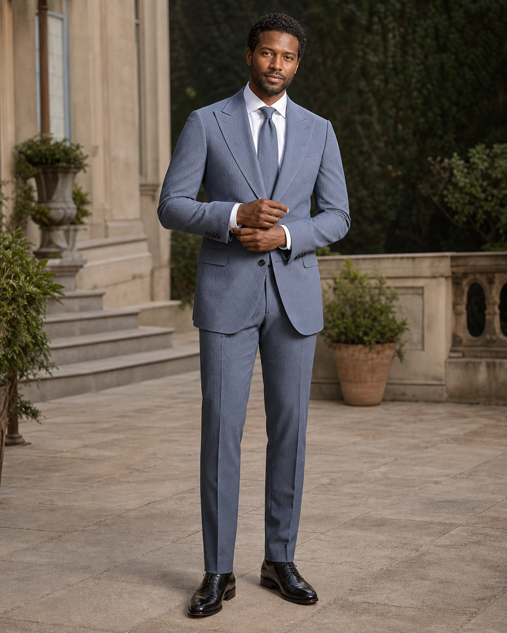 Slate Blue Seersucker Outdoor Wedding Suit — Custom Made to Measure front view