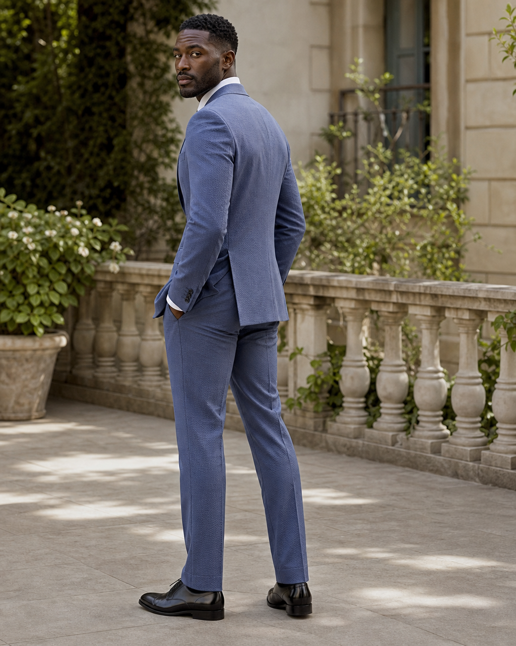 Slate Blue Seersucker Outdoor Wedding Suit — Custom Made to Measure side back view