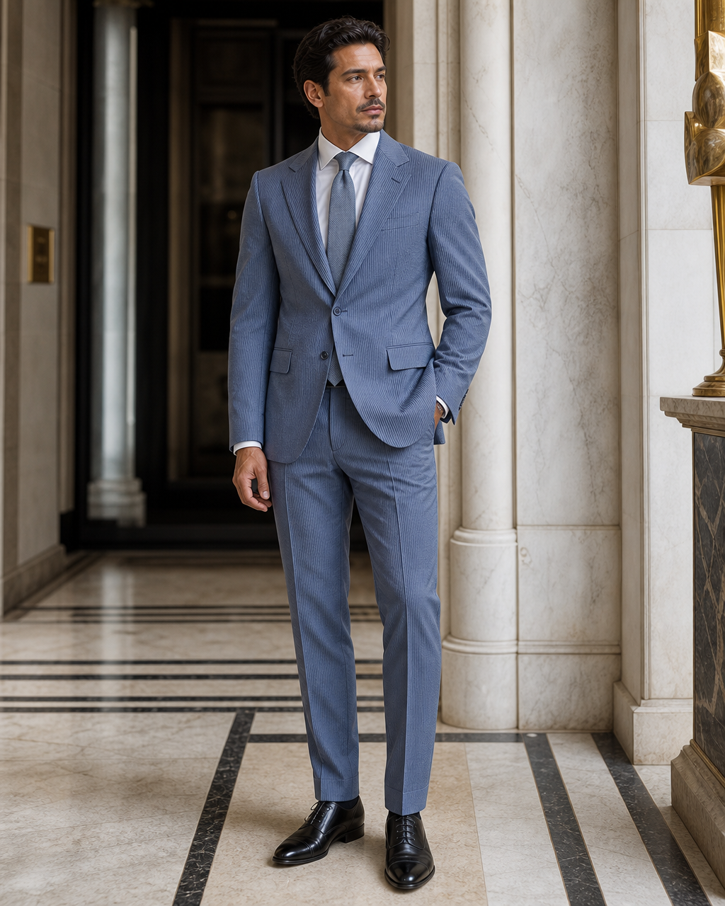 Slate Blue Seersucker Summer Suit - Custom Made to Measure side back view
