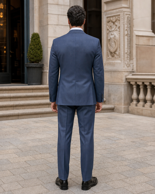 Slate Blue Silk Blend Peak Lapel Suit - Custom Made to Measure back view