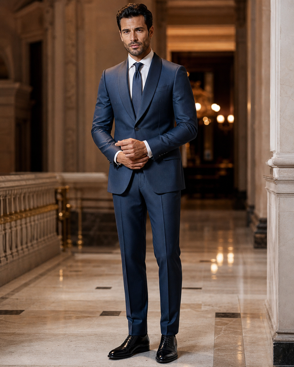 Slate Blue Silk Blend Shawl Lapel Suit - Custom Made to Measure front view