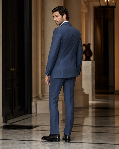 Slate Blue Silk Blend Shawl Lapel Suit - Custom Made to Measure side back view