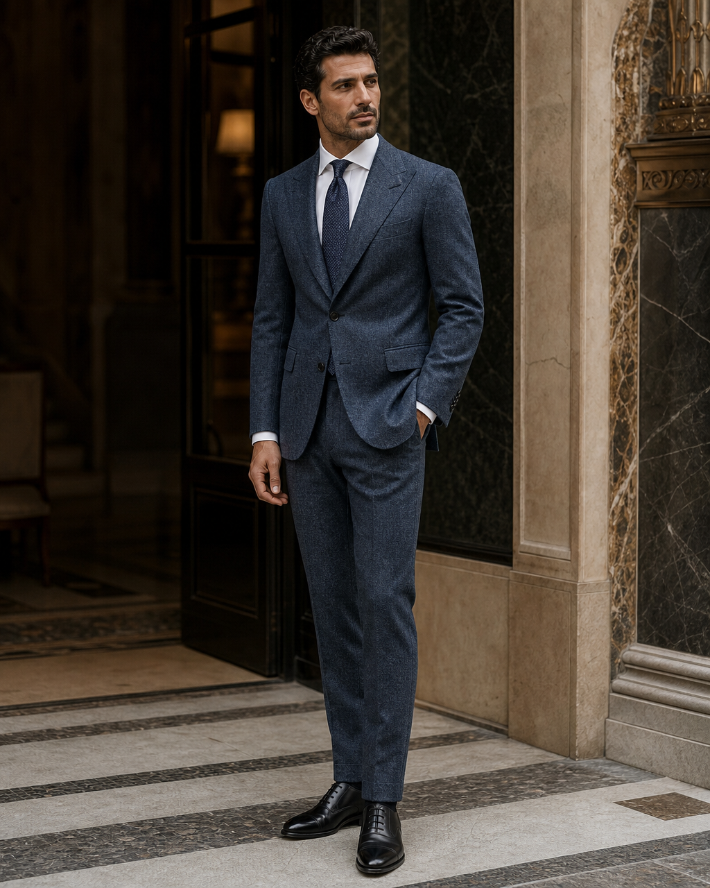 Slate Blue Tweed Winter Suit - Custom Made to Measure side back view