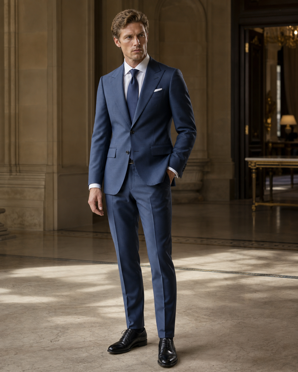 Slate Blue Wool Outdoor Wedding Suit - Custom Made to Measure side back view