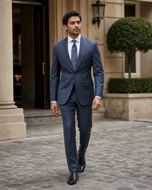 Slate Blue Wool Shawl Lapel Suit - Custom Made to Measure front view