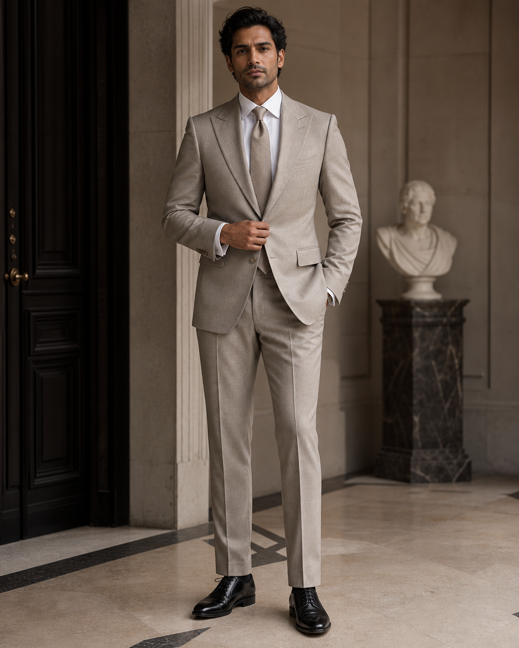 Stone Cashmere Blend Winter Suit - Custom Made to Measure front view
