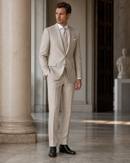 Stone Cotton Beach Wedding Suit - Custom Made to Measure side back view