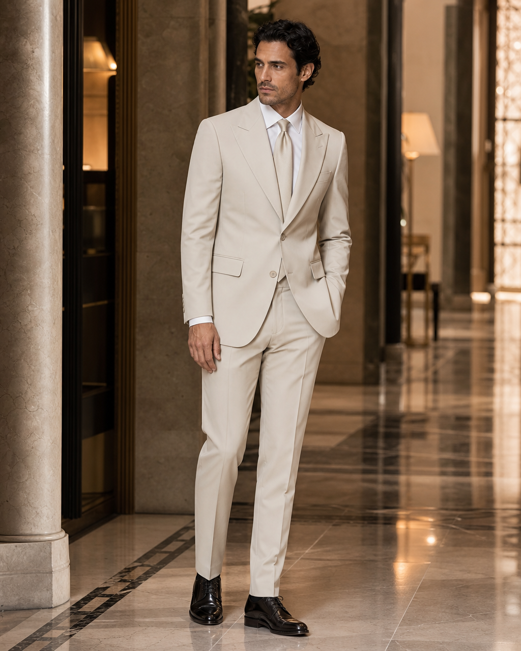 Stone Cotton Outdoor Wedding Suit - Custom Made to Measure side back view
