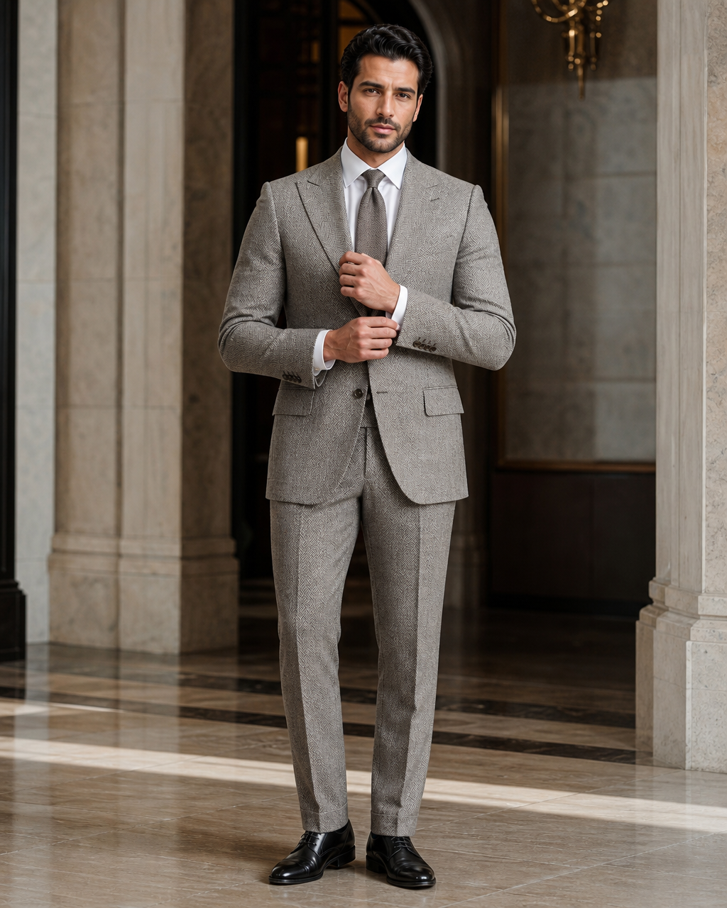 Stone Herringbone Winter Suit - Custom Made to Measure front view