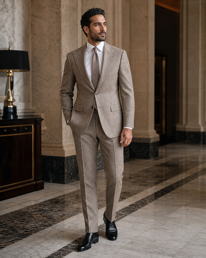 Stone Herringbone Winter Suit - Custom Made to Measure side back view
