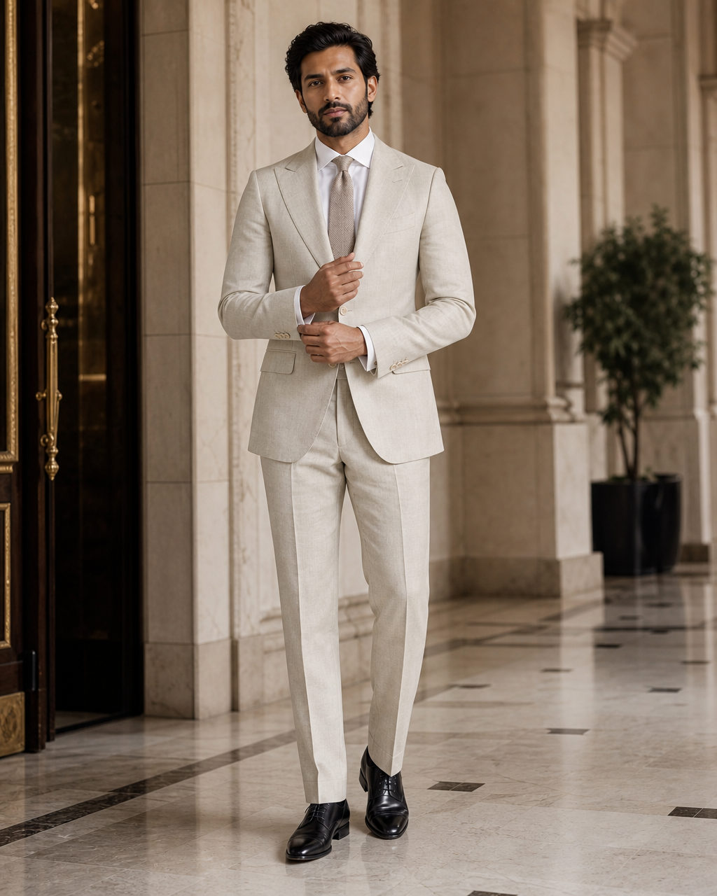 Stone Linen Beach Wedding Suit - Custom Made to Measure front view