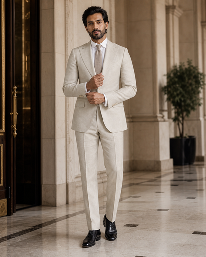 Stone Linen Beach Wedding Suit - Custom Made to Measure front view