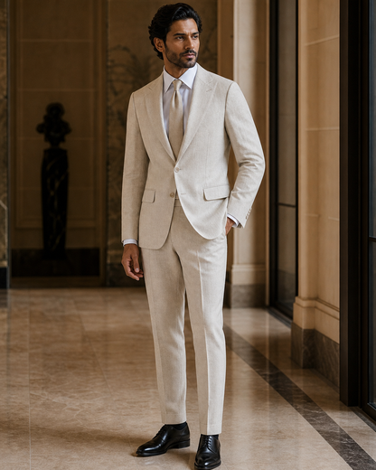 Stone Linen Beach Wedding Suit - Custom Made to Measure side back view