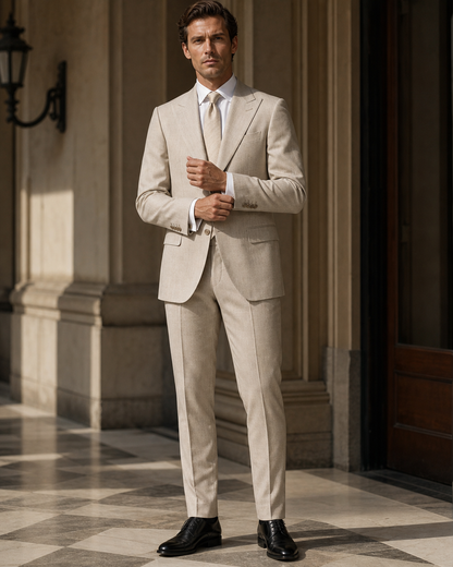 Stone Linen Outdoor Wedding Suit - Custom Made to Measure front view