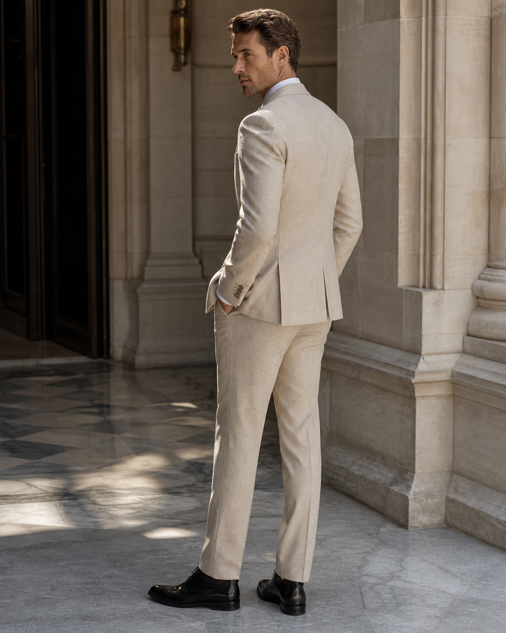Stone Linen Outdoor Wedding Suit - Custom Made to Measure side back view