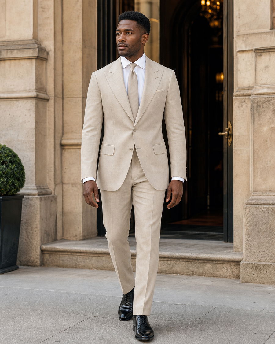 Stone Linen Peak Lapel Suit — Custom Made to Measure