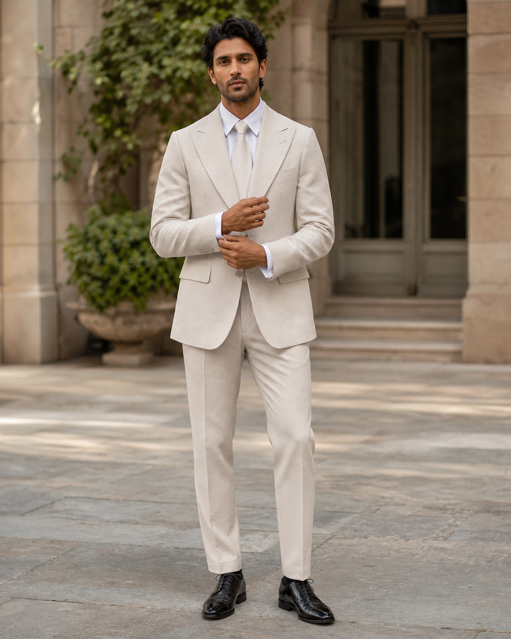 Stone Seersucker Outdoor Wedding Suit — Custom Made to Measure front view