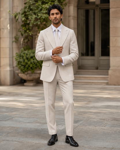 Stone Seersucker Outdoor Wedding Suit — Custom Made to Measure front view