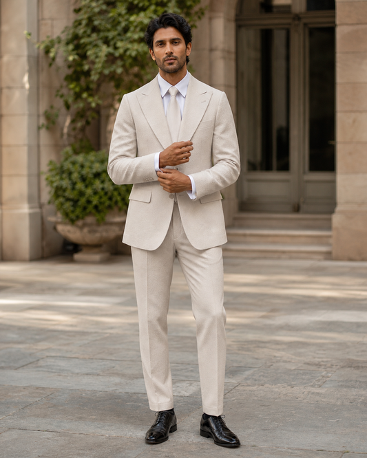 Stone Seersucker Outdoor Wedding Suit — Custom Made to Measure front view