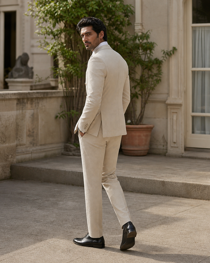 Stone Seersucker Outdoor Wedding Suit — Custom Made to Measure side back view