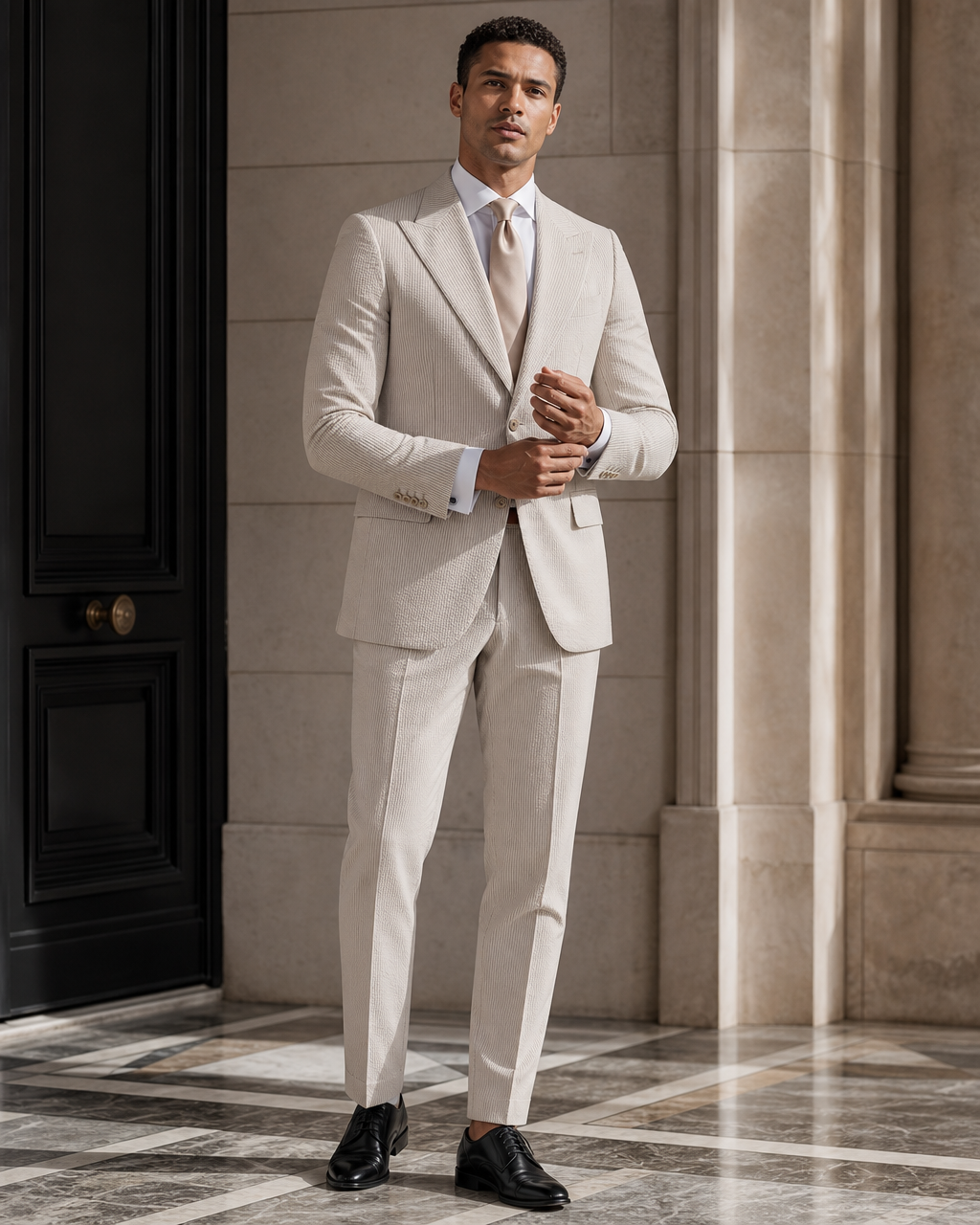 Stone Seersucker Summer Suit - Custom Made to Measure front view