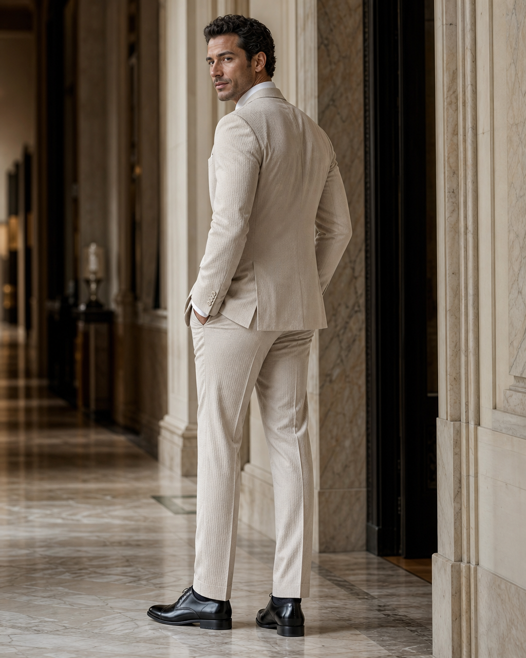 Stone Seersucker Summer Suit - Custom Made to Measure side back view