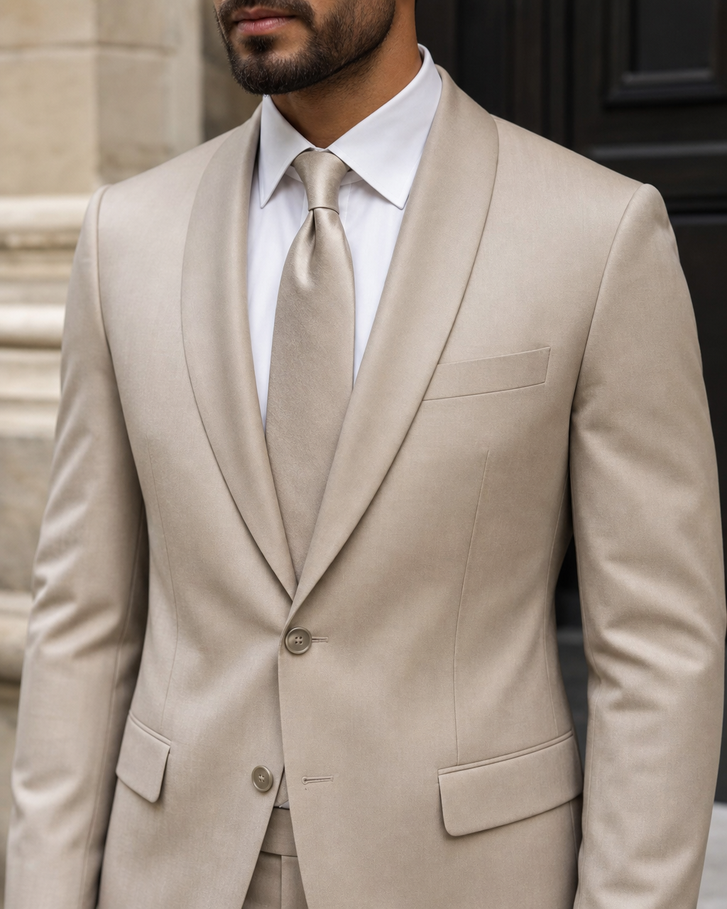 Stone Silk Blend Shawl Lapel Suit - Custom Made to Measure lapel chest close up