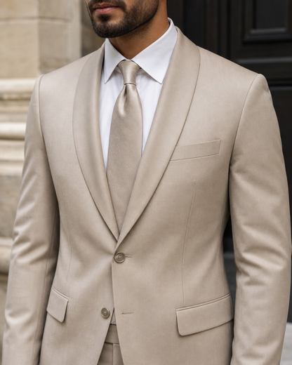 Stone Silk Blend Shawl Lapel Suit - Custom Made to Measure lapel chest close up