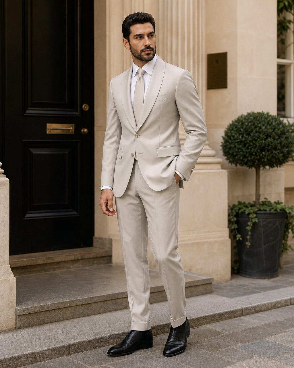 Stone Silk Blend Shawl Lapel Suit - Custom Made to Measure side three quarter view