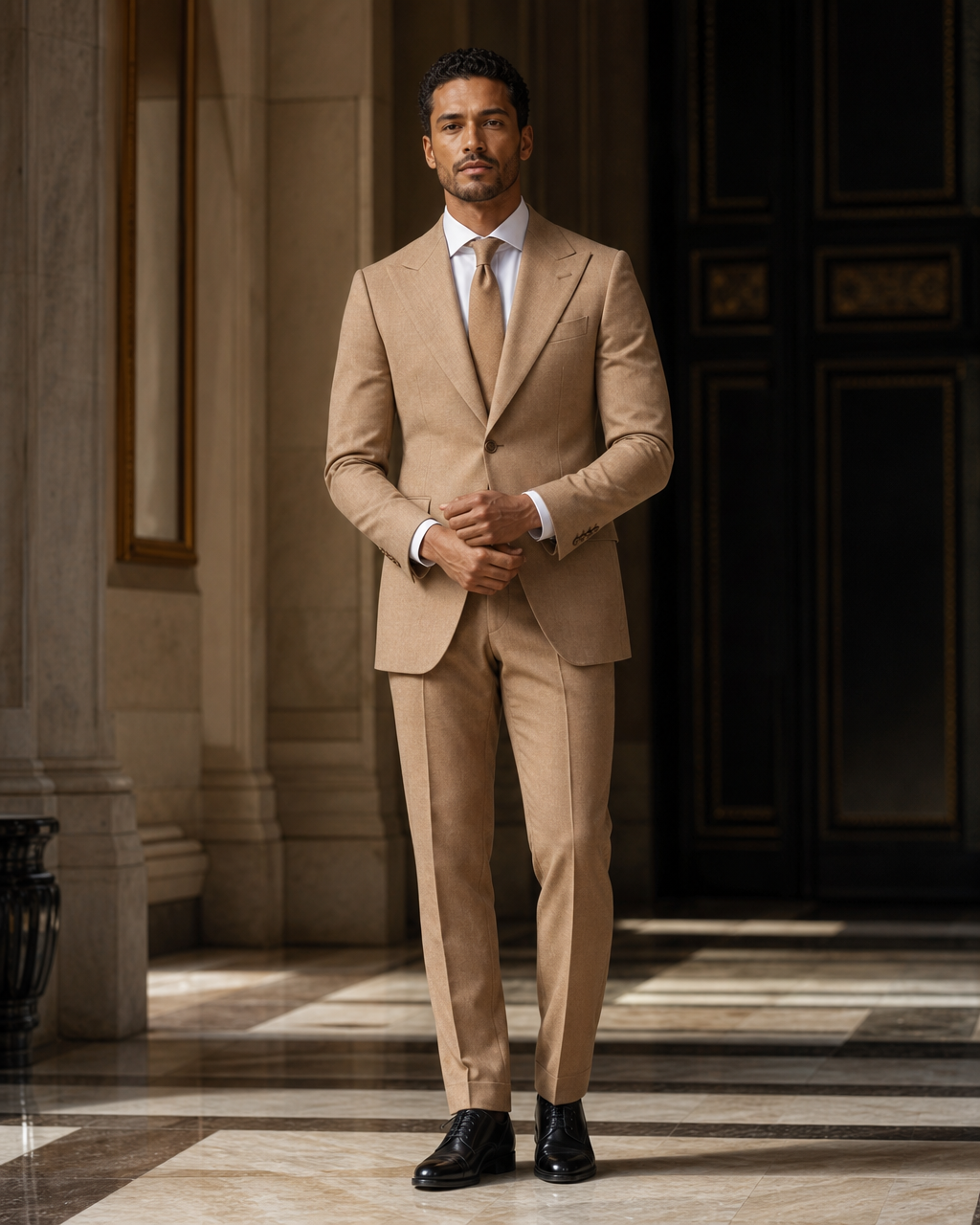 Tan Cashmere Blend Winter Suit - Custom Made to Measure front view
