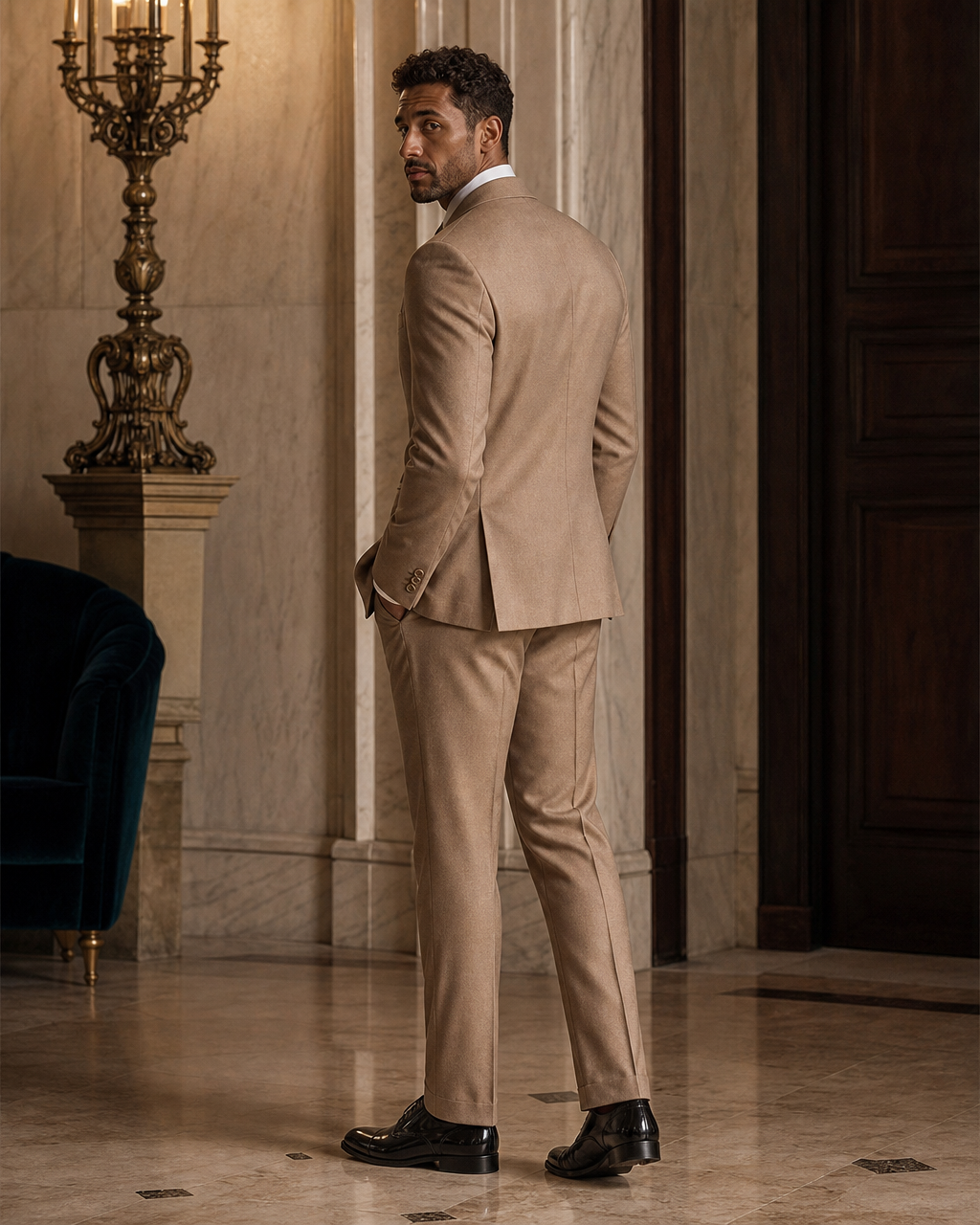 Tan Cashmere Blend Winter Suit - Custom Made to Measure side back view