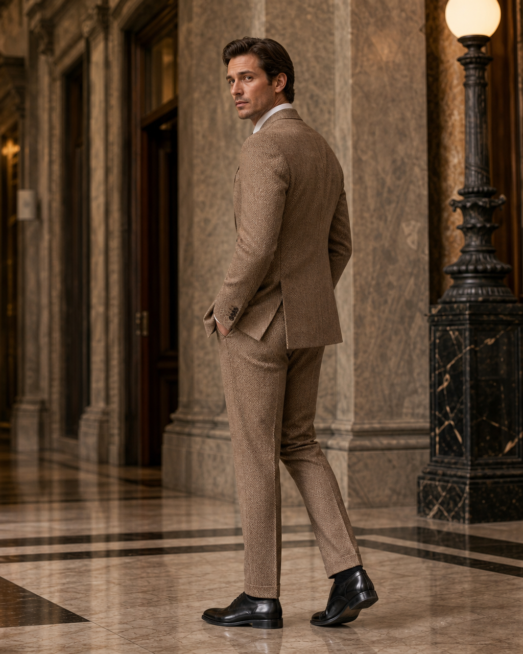 Tan Herringbone Winter Suit - Custom Made to Measure side back view