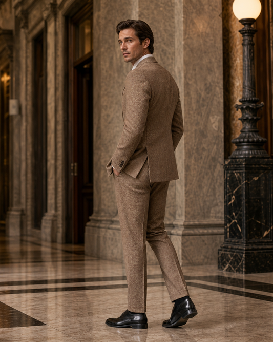 Tan Herringbone Winter Suit - Custom Made to Measure side back view