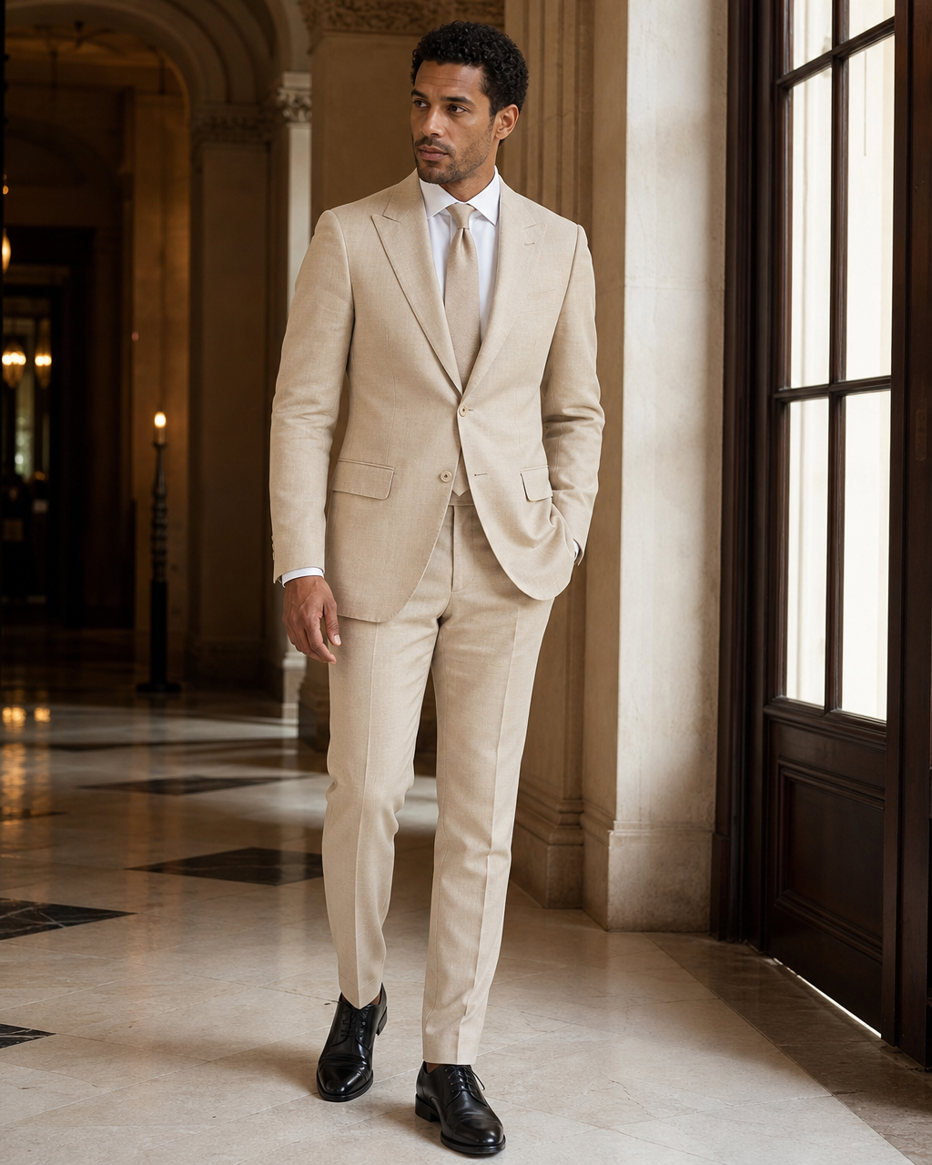 Tan Linen Beach Wedding Suit - Custom Made to Measure side back view