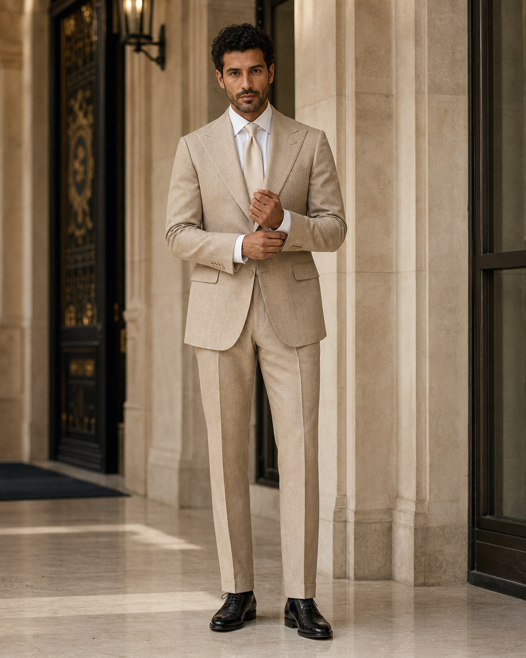 Tan Linen Outdoor Wedding Suit - Custom Made to Measure front view
