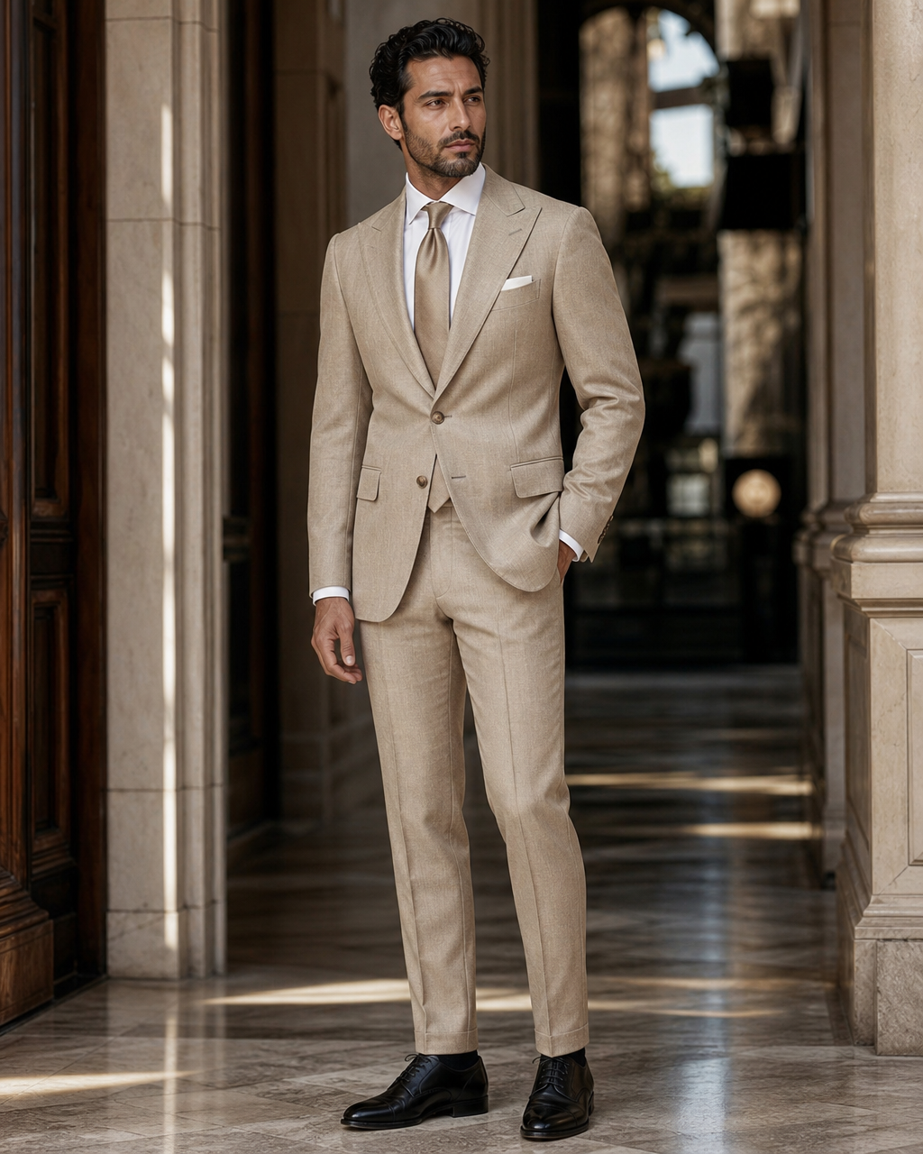 Tan Linen Outdoor Wedding Suit - Custom Made to Measure side back view
